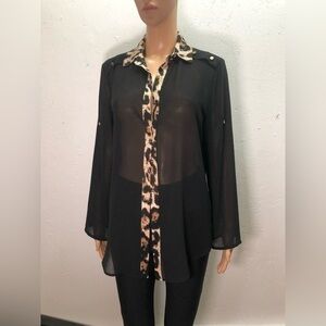 Frank Lyman sheer single leopard stripe button down blouse